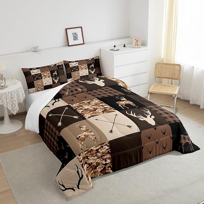 Camo Deer Antlers Kids Comforter Set Twin Size,Animal Arrow Silhouette Bedding Set,Girls Boys Adults Home/Xmas Cabin Decor,Lattice Patchwork Down Comforter,Brown Rustic Duvet Insert,2pcs,1 Pillowcase