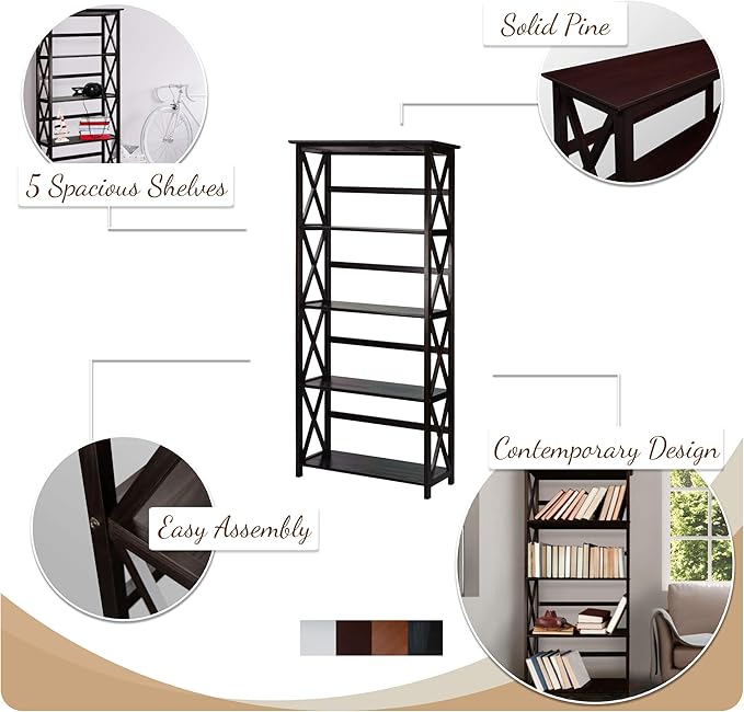 Casual Home Montego 5-Shelf Bookcase, Walnut (New)