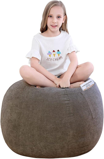 Stuffed Animal Storage Bean Bag Chair Cover (No Filler) for Kids .Soft Premium Corduroy Stuffable Beanbag for Organizing Children Plush Toys or Memory Foam Small 100L (Warm Grey)