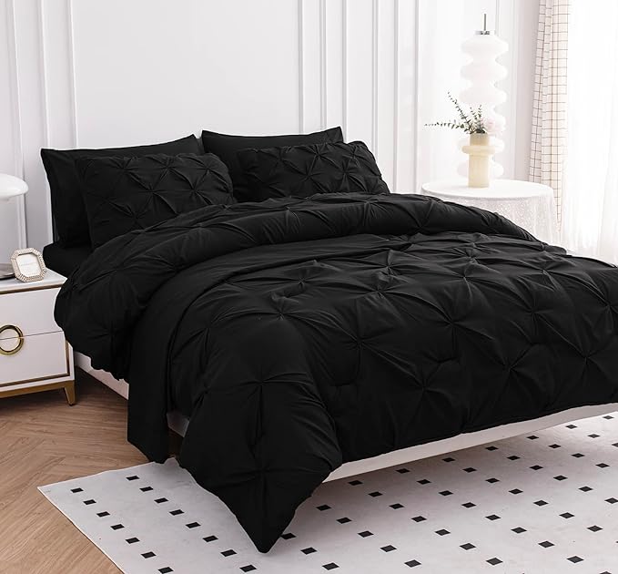 LANE LINEN Queen Comforter Set, 7 Piece Queen Bed Set, Soft Bedding Queen Size, Pintuck Queen Bed in a Bag Set, Black Comforter Queen, Queen Bed Comforter Set with Sheets, Pillowcases & Shams - Black