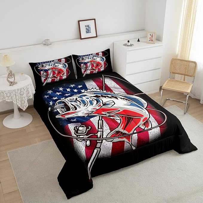 American Flag Comforter Set Farmhouse Fishing Bedding Set for Kids Boys Girls Teens Room Wild Fish Decor Comforter Red Blue Stripe Quilted Set 3Pcs Queen Size