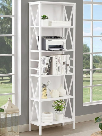HOMISSUE Bookshelf, 6-Tier Tall Bookshelf, Rustic Wood Metal Bookshelves and Bookcases, Freestanding Open Bookshelf, Industrial Bookcase for Home Office, Living Room and Bedroom, White