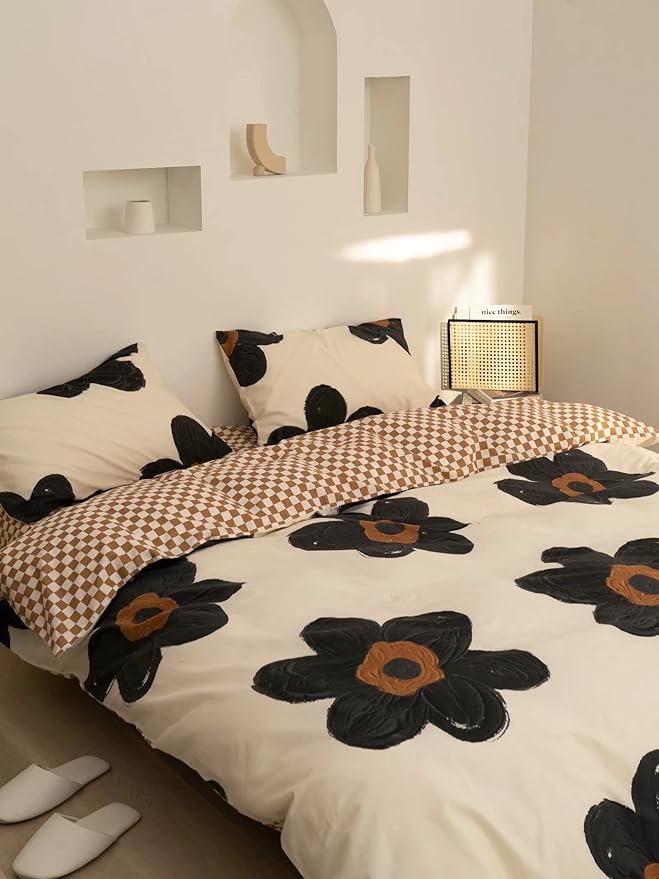 Black Floral Comforter Set Black and White Bedding Full Comforter Set Hand-Drawn Flowers Cotton Women Modern Elegant Chic Quilts Blankets Lightweight Black Flower Reversible Bed Comforter Set