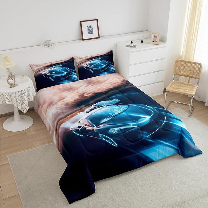 Erosebridal King Size Comforter Set for Boys Race Car Bedding Bedroom Decor, Sports Car for Boys Girls Teen Kids Children Car Racing Gifts, Race Cars Bed Set,Blue Black
