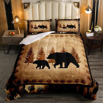 Bear Comforter Set Full Size Farmhouse Wild Animal Comforter Retro Bear Family Bedding Set for Kids Boys Girls Brown Bear Paws Duvet Set Rustic Bedroom Decor Quilted Set 3Pcs