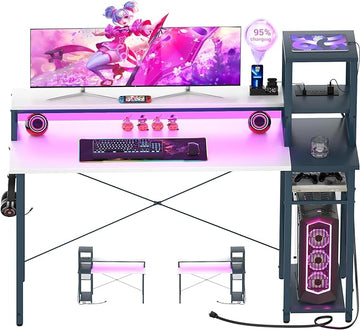 armocity 2024 Upgrade Gaming Desk with LED Lights, Small Computer Desk with Long Monitor Stand, 47.2'' Reversible Laptop Table with Storage Shelves, Small Desk for Small Spaces, Gaming Room, White