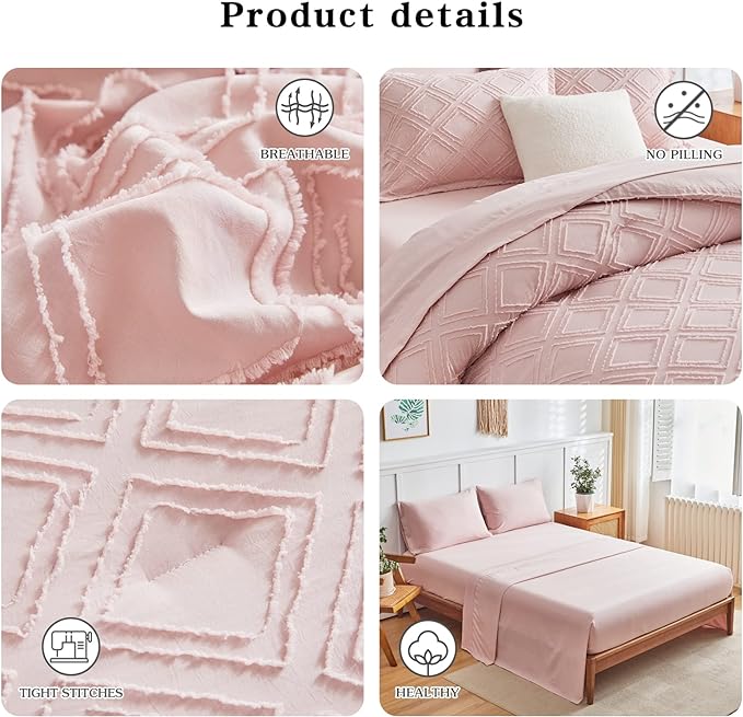 7 Pieces Tufted Bed in a Bag King Comforter Set with Sheets Blush, Soft and Embroidery Shabby Chic Boho Bohemian, Luxury Solid Color with Diamond Pattern, Jacquard Tufts Bedding Set for All Season