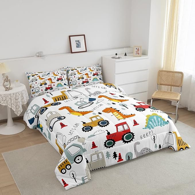 Feelyou Construction Comforter Set Kids Cartoon Dinosaur Comforter Cover Set for Boys Equipment Trucks Bedding Set Construction Vehicles Kawaii Jungle Dino Duvet Set Room Decor Quilt Set Queen Size