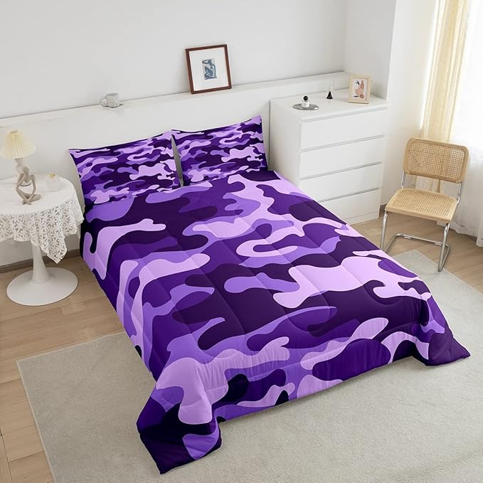 Queen Size Camouflage Comforter Set 3Pcs Kids Bedding Set for Boys Girls Teens 1 Comforter & 2 Pillowcases(Queen,Purple) Boys