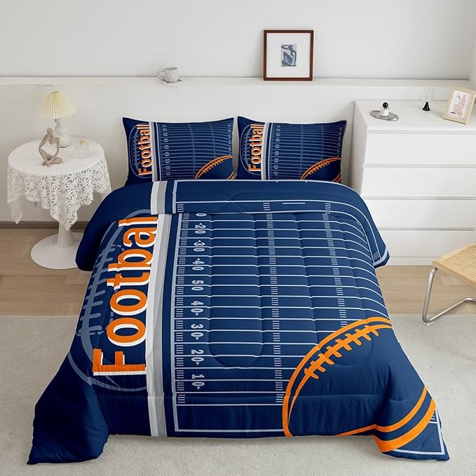 Feelyou Football Bedding Set Twin Size Rugby Sports Comforter Set for Kids Boys Girls Decor Soccer Ball Game Comforter Microfiber American Football Duvet Set Bedroom Quilt Set