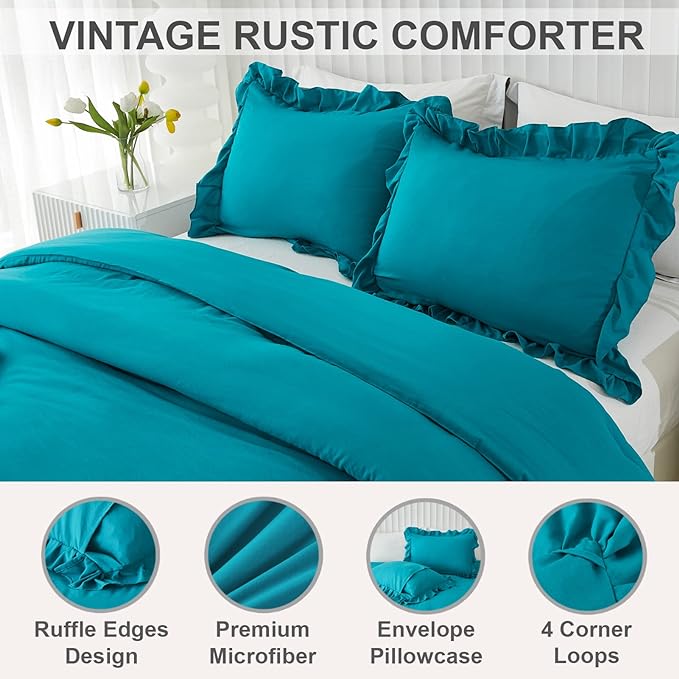 Andency Turquoise Queen Comforter Set(90x90Inch), 3 Pieces(1 Ruffle Comforter and 2 Pillowcases) Solid All Season Comforter Sets for Queen Bed, Lightweight and Fluffy Soft Microfiber Bedding Set