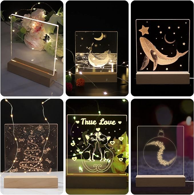2Pcs 11.8" Rectangle Wooden Display Stand, Warm Light Wooden Lighted Base Wood Rectangle Led Display Pedestal Wood Night LED Light Lamp Base for Crystal Glass Resin Art