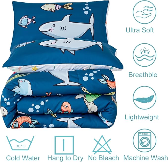 WINLIFE Shark Twin Comforter Set for Boys Blue Ocean Theme Printed Bedding Set, Super Soft and Easy Wash Reversible Kids Bed Set 1 Comforter 2 Pillowcases (3-Pieces, Twin)