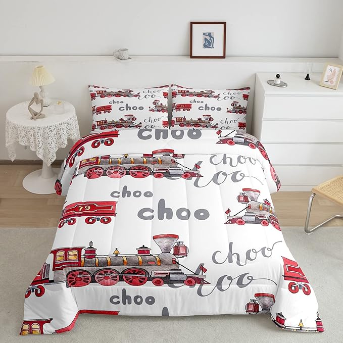 Feelyou Cartoon Car Bedding Set Kids Train Comforter Set Boys Girls Choo-Choo Rail Roads Tracks Decor Comforter Microfiber Train Construction Duvet Set Bedroom Quilt Set Twin Size