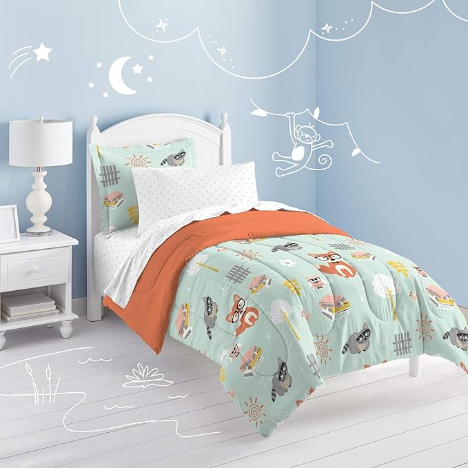 dream FACTORY Kids 5-Piece Complete Set Easy-Wash Super Soft Microfiber Comforter Bedding, Twin, Green Woodland Friends