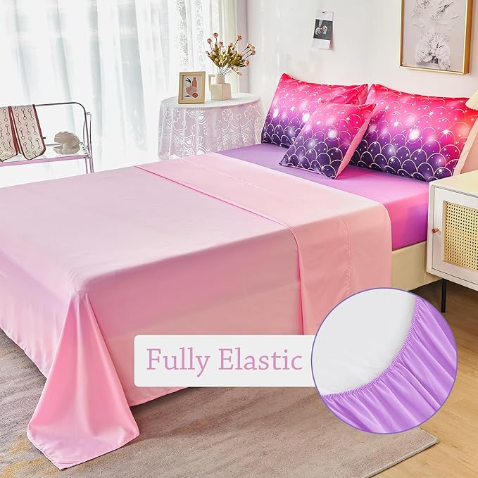 URBONUR 6Pcs Twin Comforter Set for Girls Pink and Purple Mermaid Printed Kids Bedding Set, Soft Microfber Gilrs Twin Bed Sets