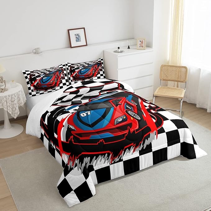 Red Race Car Bedding Set King Size Cool Racing Car Comforter Set Competition Extreme Sports Game Down Comforter for Kids Boys Girls Teens Bedroom Decor Plaid Pattern Duvet Insert with 2 Pillowcases