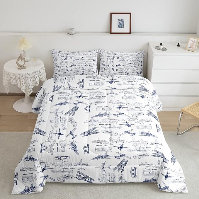 Feelyou Aircraft Bedding Set Kids Airplane Print Comforter Set Boys Girls Decor Aircraft Flying Comforter Cover Set Microfiber Sketch Style Blue White Duvet Set Bedroom Quilt Set Queen Size