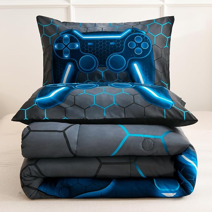 NTBED Game Console Comforter Set for Boys Girls Kids 3D Gaming Geometric Lightweight Microfiber Bedding Sets (Blue, King)