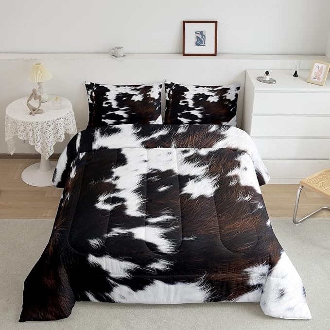 Brown Cowhide Comforter Set King,Black White Aztec Cow Print Bedding Set Western Farmhouse Animal Fur Down Comforter for Kids Boys Girls,Rustic Cowboy Quilt Duvet Set 2 Pillow Cases Bedroom Decor