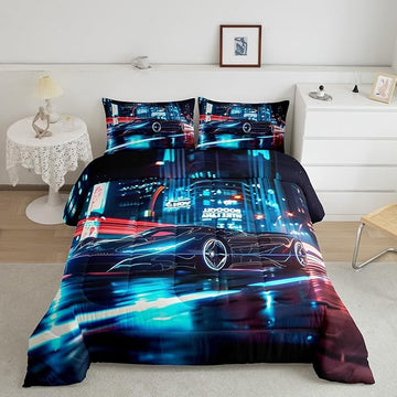 Feelyou City Racing Car Bedding Set Full Size for Kids Boys Extreme Sport Games Comforter Set Teens Toddler Fast and Furious Duvet Set Cool Modern Quilt Set 3Pcs