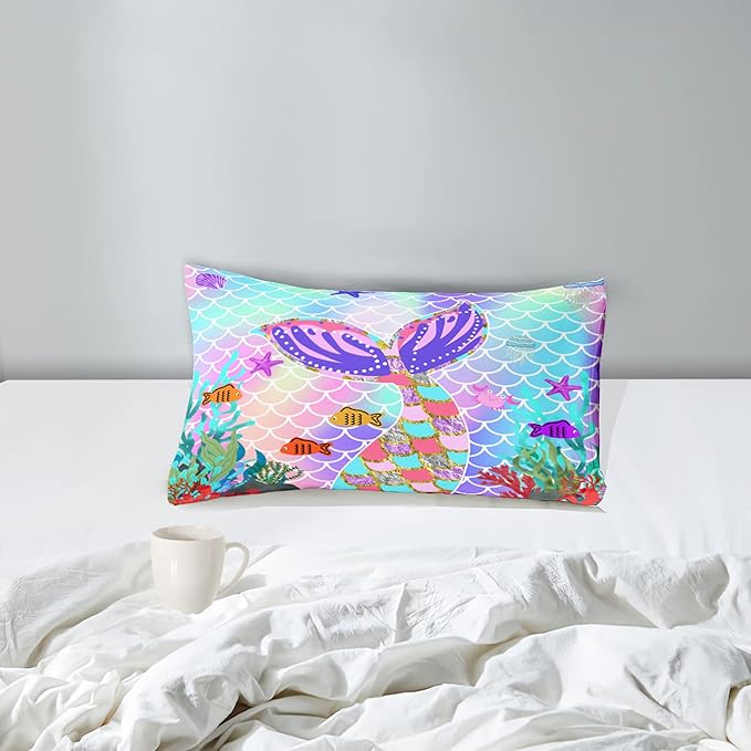 Mermaid Tail Comforter Set Twin for Kids Girls Bedroom, Rainbow Mermaid Fish Scale Comforter Set Twin Bed in a Bag, Glitter Mermaid Printed Pattern Bedding Decor 1 Comforter 1 Pillowcase