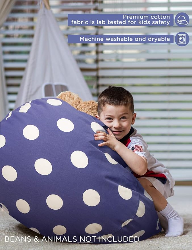 Aubliss Stuffed Animal Storage Bean Bag Chair Cover (No Beans), Stuff and Sit Storage Bean Bag for Kids Toy Storage, X-Large 48"-Canvas Dot Navy