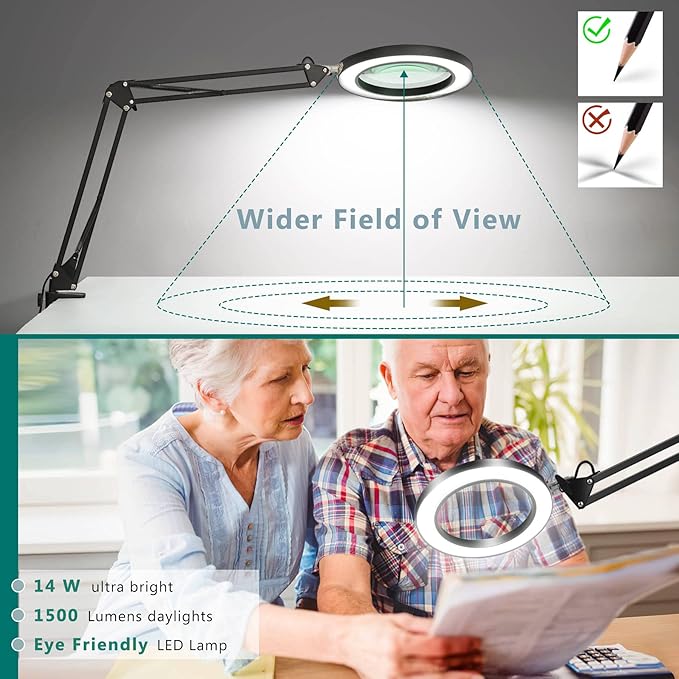 8X Magnifying Glass with Light, 5 Inches Real Glass Lens LED Desk Lamp with Clamp, 3 Color Modes Stepless Dimmable Lighted Magnifier with Light and Stand for Reading Crafts Repair Close Works - Black