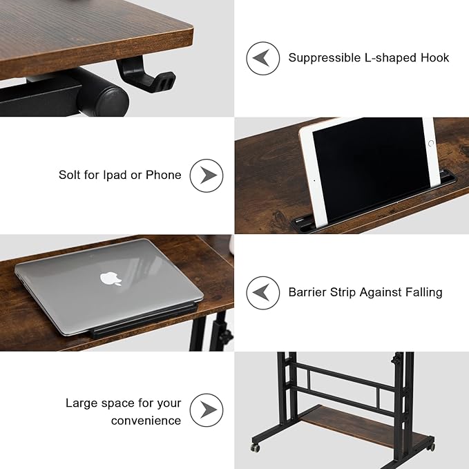 Hadulcet Mobile Standing Desk with Charging Station, Stand Up Laptop Desk Mobile Workstation for Home Office Classroom with Wheels, 31.49 x 23.6 in Rustic Brown
