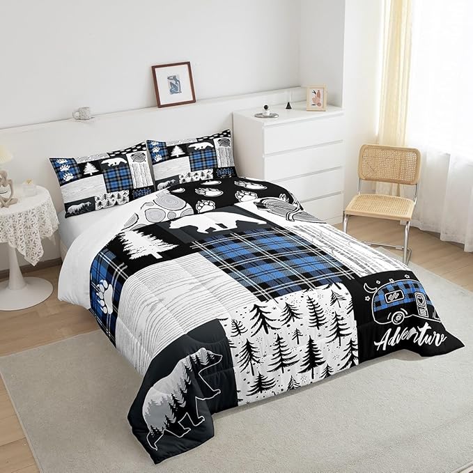 Bear Paws Comforter Set Queen Size,Pine Trees Geometric Plaids Patchwork Bedding Set for Kids Boys Girls Adults Room Decor,Hunting Adventure Down Comforter,Blue Rustic Duvet Insert,2 Pillowcases