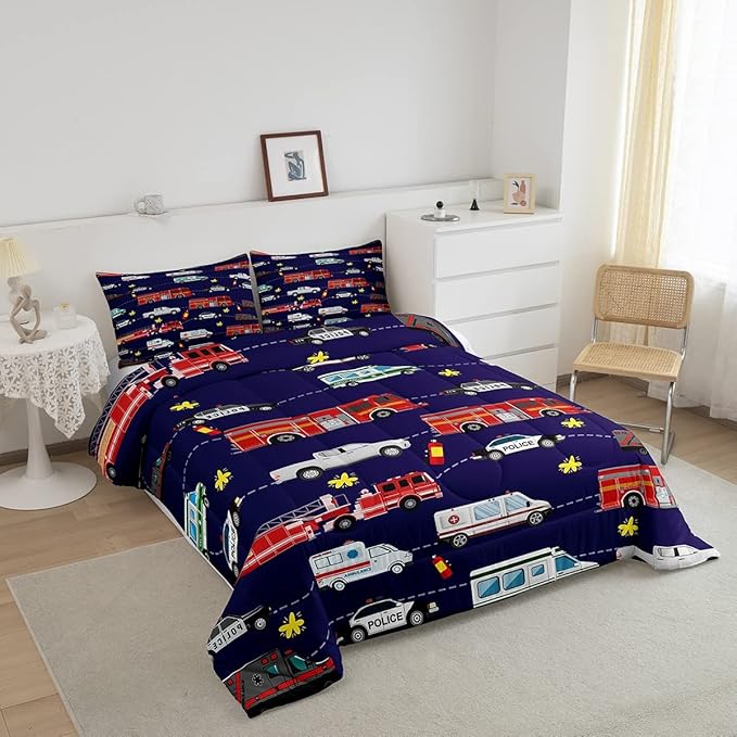 Fire Truck Bedding Bed Set Police Car Comforter Set for Kids Boys Girls Teens Youth Decor Engine Ambulance Cute Comforter Emergency Vehicle Blue Soft Quilt Set Room 2Pcs Twin Size