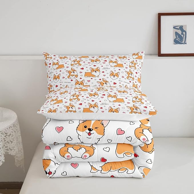 Feelyou Kids Kawaii Corgi Comforter Set Toddler Cute Dog All Season Down Comforter Boys Girls Cartoon Puppy Dog Bedding Set Lovely Animal Quilt Set Room Decor 3Pcs with 2 Pillow Case Queen Size