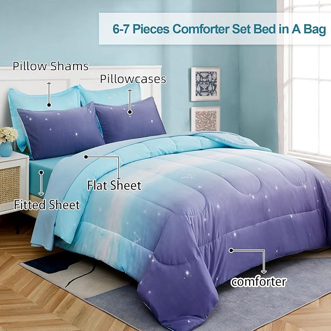 Girls Comforter Set Queen Size 7 Pieces Bed in A Bag Ombre Blue Purple Rainbow Bedding Set Collections for Teen Women (1 Comforter, 1 Flat Sheet, 1 Fitted Sheet, 2 Pillow shams, 2 Pillowcases)