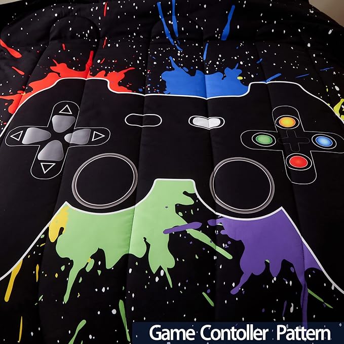 Gamer Comforter Sets Full Size for Boys Teen,Game Controller Colorful Comforter with 2 Pillowcases,Soft Microfiber Video Gaming 3 Piece Bedding Set for Game Lovers,All Season(Black,Full)