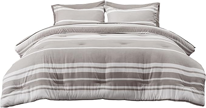 Bedsure California King Comforter Set 7 Pieces, Warm Taupe White Striped Bedding Comforter Sets All Season Bed Set, 2 Pillow Shams, Flat Sheet, Fitted Sheet and 2 Pillowcases
