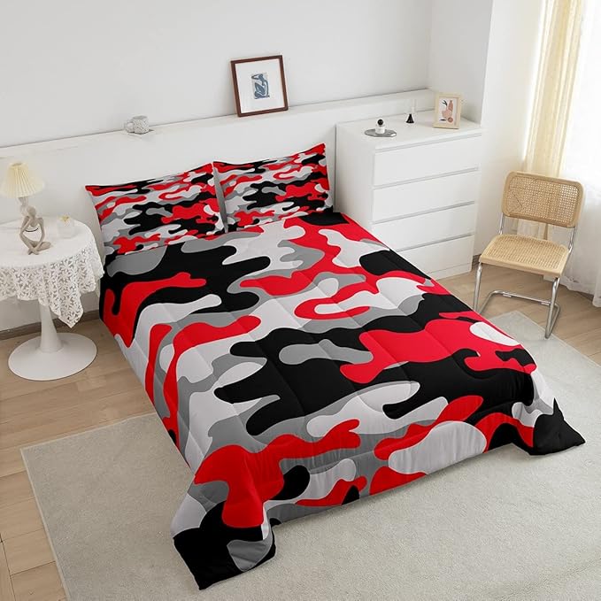 Full Size Camouflage Comforter Set 3Pcs Kids Bedding Set for Boys Girls Teens 1 Comforter & 2 Pillowcases(Full,Red Black) Boys