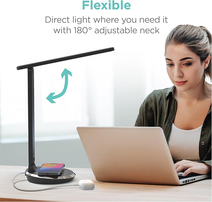 iHome Desk Lamp with Charging Station, Reading Light with Wireless Charging and USB Charging – Black (ILW200B)
