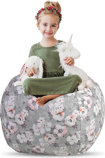 Creative QT Stuff ’n Sit Extra Large 38’’ Bean Bag Storage Cover for Stuffed Animals & Toys, Giant Beanbag Chair for Plush, Toddler & Kids Rooms Bedroom Organizer, Grey Floral