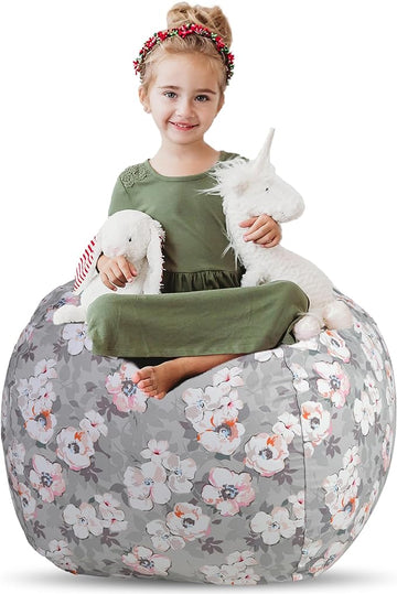 Creative QT Stuff ’n Sit Large 33’’ Bean Bag Storage Cover for Stuffed Animals & Toys – Gray Floral Print – Toddler & Kids’ Rooms Organizer – Beanbag Makes Great Plush Toy Hammock Alternative