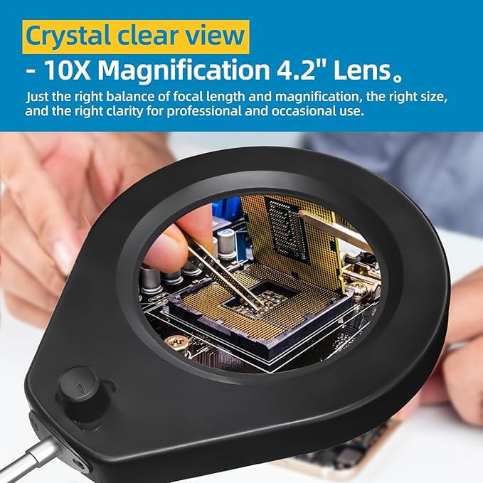 Magnifying Lamp, 10X Illuminated Magnifier Lamp with Internal Spring Swing Arm and Desk Edge Clamp