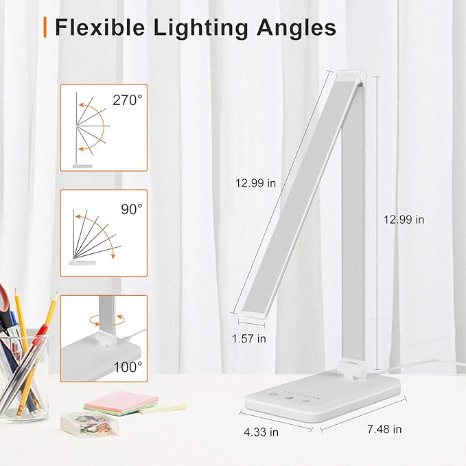 Linkstyle LED Desk Lamp, Table Light with USB Charging Port, Foldable Dimmable 5 Modes 10 Brightness Levels Touch Control Desk Light Auto Timer Eye Caring Book Reading Lamps for Home Office