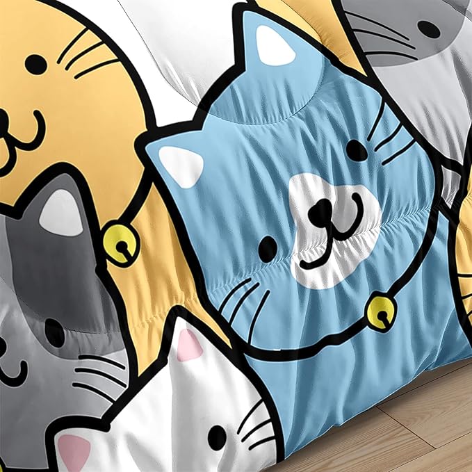 Cat Comforter Set - Cute Cat Comforter - Full Size Comforter Set for Kids Kawaii Cat Bedding Set Cartoon Cat Print Bedding Sets for Girls Room Kids Cat Quilt Sets with 2 Pillowcases