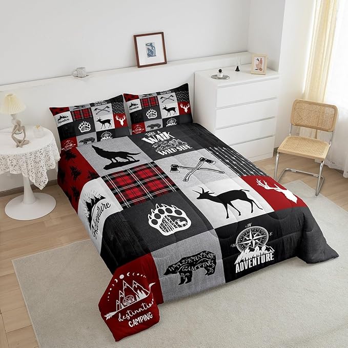 Deer Antler Bear Kids Comforter Set Full Size,Plaids Boho Arrows Patchwork Bedding Set for Boys Girls Adults Room Decor,Rustic Adventure Camper Down Comforter,Red Xmas Duvet Insert,2 Pillowcases