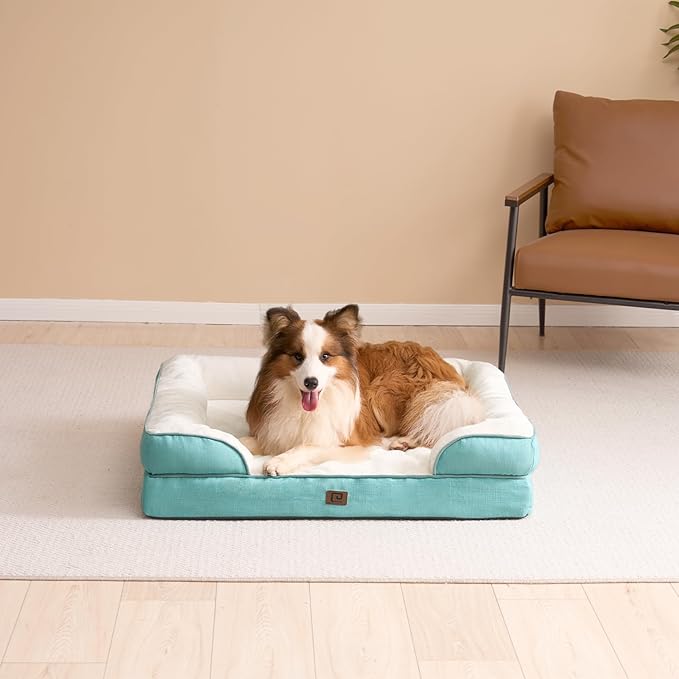 EHEYCIGA Orthopedic Dog Beds for Large Dogs, Waterproof Memory Foam Large Dog Bed with Sides, Non-Slip Bottom and Egg-Crate Foam Large Dog Couch Bed with Washable Removable Cover, Turquoise Blue