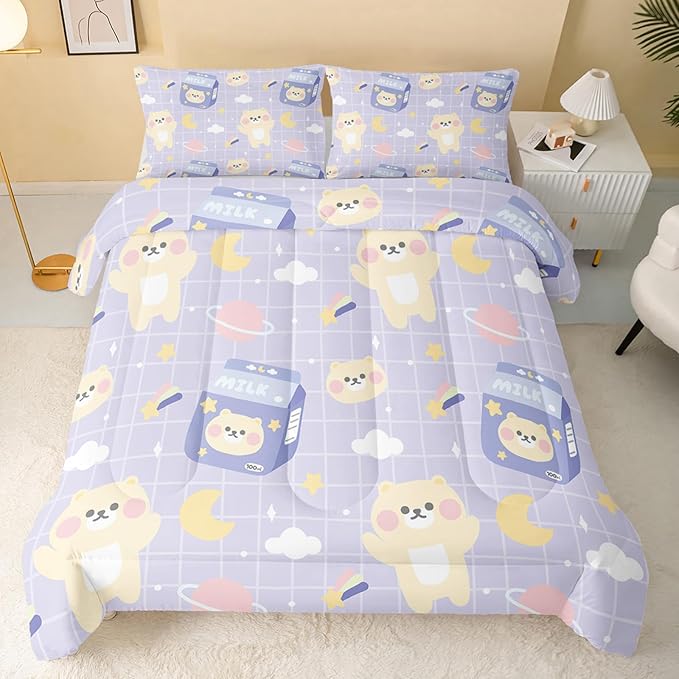 Bear Comforter Full Size,Kawaii Comforter Set for Kids Teens Girls,3Pcs Bedding Set Printed Comforter with 2 Pillowcases,Down Alternative,Soft and Lightweight(Purple，Full Size)