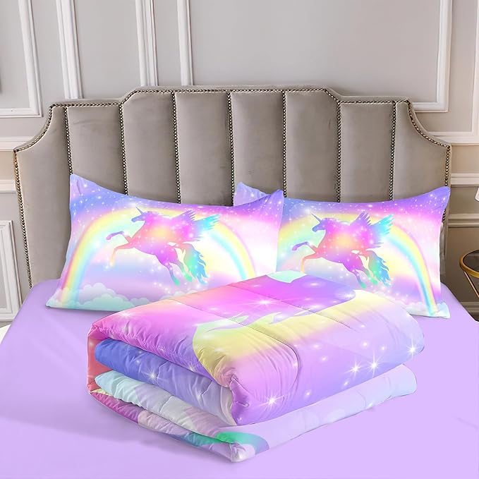 Kids Comforter Bedding Set 3 Pieces Super Soft Breathable Print Kids Bedding Sets for Girls, Machine Washable Durable Comforter Set with Comforter, 2 Pillowcases Rainbow(Twin, Purple Unicorn)