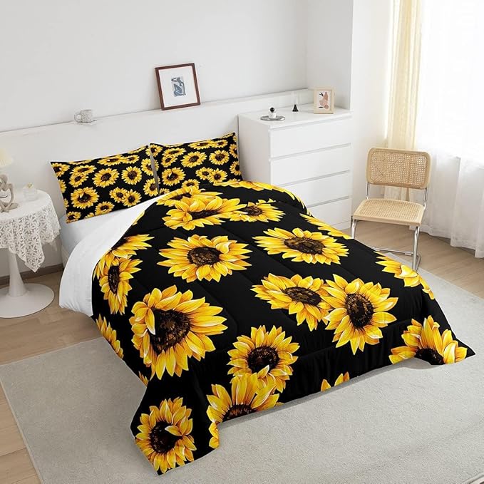 Erosebridal Yellow Sunflowers Bedding Black Yellow Comforter Set Gold Yellow Sunflowers Printed Luxury Black Boys Girls Bedding Sets Twin 1 Down Comforter 2 Pillowcases (King, Black Sunflowers)