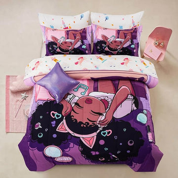 A Nice Night Purple Comforter Sets,Black Girl Listening Music Printed, 6Pcs Bed in A Bag Full Size All Seasons Bedding Set,for Kids, Girls