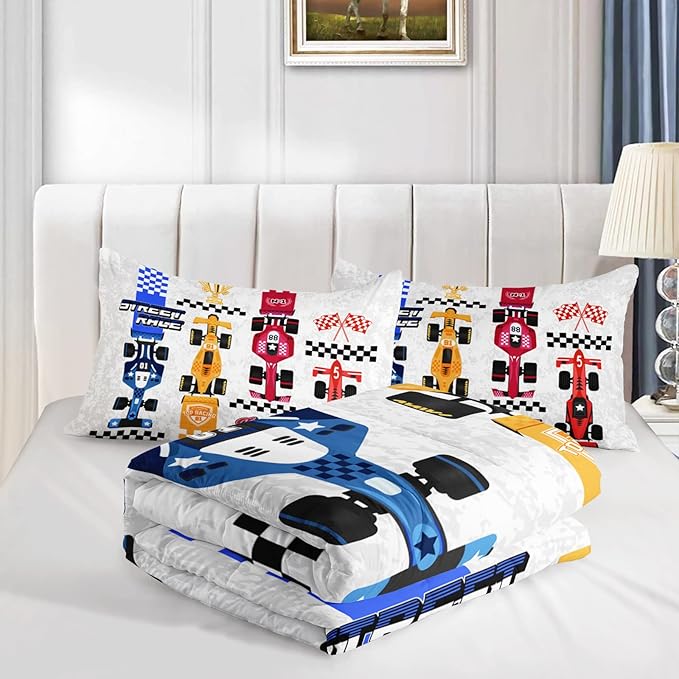 Axolotl Racing Car Comforter Set Full Size,Colorful Sports Car Bedding Set for Kids Boys Teen Adult,Extreme Speed Race Bedding Sets Car Theme Bedroom Decor with 1 Comforter and 2 Pillowcases