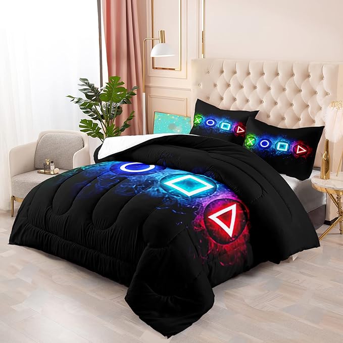 Gaming Comforter Sets for Boys, Gamer Bedding Sets for Boys Queen Size, Black Gaming Gamepad Soft Kids Comforter Sets Boys Bedroon, 1 Comforter and 2 Pillowcases